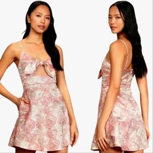 Lulu's Quick to Love Pink/Gold Floral Jacquard Tiefront Mini Cocktail Dress